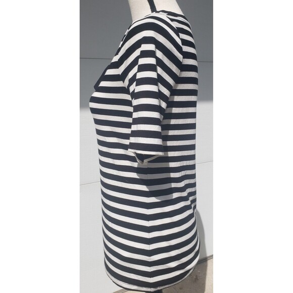 TALBOTS Knit Top Short Sleeve Stretchy Soft Bow Detail Black Striped Size XS - Picture 3 of 9